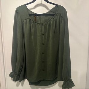 Elegant NEW Olive Green Women's Blouse with ruffle sleeve at wrist - Oversized
